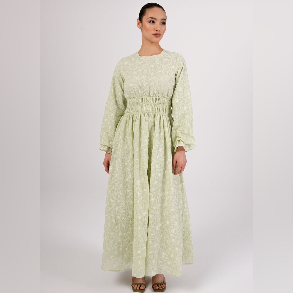 Marwa Green Veiled Collection Modest Floral Rouched Maxi Dress